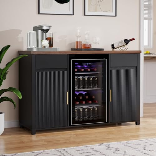 GDLF Large Coffee Bar Cabinet with Fridge Space, Mini Fridge Cabinet with Wine Storage, Buffet Sideboard Table for Home, Fluted Modern Design,53.2 L
