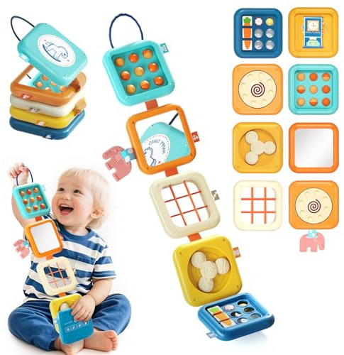 Aiqi Cube d'activité bébé, 8 in 1 Busy Board Jouet Montessori, Jouets de Voyage en Avion pour Enfants, Jeux Éducatif Jouets d'Activité et de Développement, Cadeau pour Filles & Garçons 1 2 3 Ans