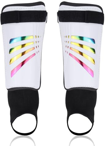 Football Shin Pads | Ankle Protection Kids Shin Pads | Non Slip Adjustable Straps Soccer Shin Guards Boys Girls | Glitter Rainbow Shin Guards Kids 5-12 years (White)