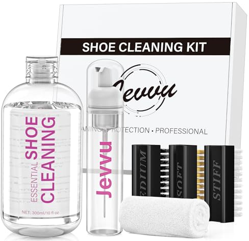 Jevvu Shoe Cleaner Kit, 300ml Concentrated Shoe Cleaning Kit with Foaming Bottle, 3 Brushes & Towel, White Sneaker Cleaner for Leather, Suede, Canvas, Knit, Mesh & All Materials