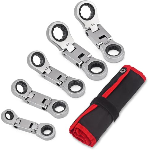 wanlvkang Stubby Wrenches Set, Flex Head Ratcheting Wrench Set Double Box End Ratchet Wrench 1/4 to 13/16 inch 5 Pieces SAE (SAE)