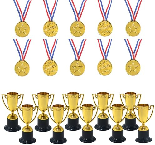 XZSKD 20 Pcs Mini Trophy Cup and Medals, Gold Plastic Trophies and Awards for Kids, School Competition Rewards, Sports Events, Party Favors, Confidence Boosters