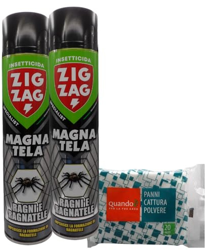 ZIG ZAG 2XSpecialist MAGNA TELA Insetticida per ragni impedisce la formazione di ragnatele 600ml+ più 20 pezzi panni cattura polvere.