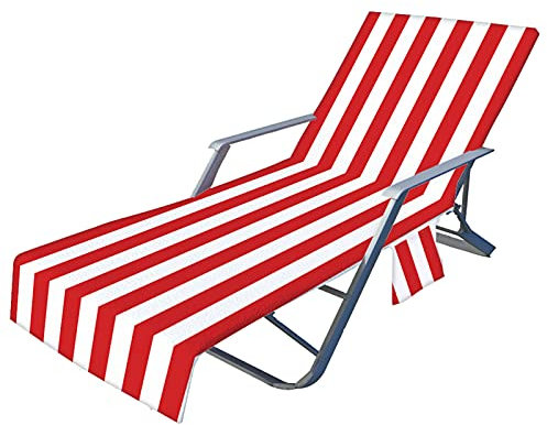 Sonnenliege Handtuch, Strandtuch Liegestuhl Bezug mit Seitentasche,Bunt Streifen Design,Schonbezug für Gartenliege Strand Liege Liegestuhlauflage, 210x 70cm (Rot,75 × 210 cm)