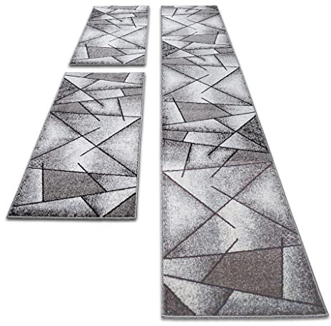 oKu-Tex Teppich Webteppich fürs Schlafzimmer Bettumrandung 3er Set Grau Modern geometrisches Design Öko-Tex 100 2 mal 67 x 140 cm, 1 mal 67 x 340 cm 30161grau067620