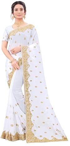 CRAFTSTRIBE Sari Gazari en Couleur, en Resham et Broderie en Code de Paillettes avec Chemisier Non Cousue, blanc, One Size
