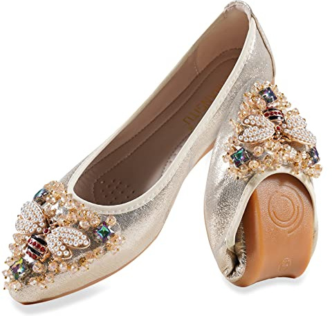 MACHSWON Womens Fold up Pumps Roll up Shoes Foldable Ballet Flats with Sparkly Rhinestone, Portable Ladies Slip On Loafers(Gold-4, Size 7)