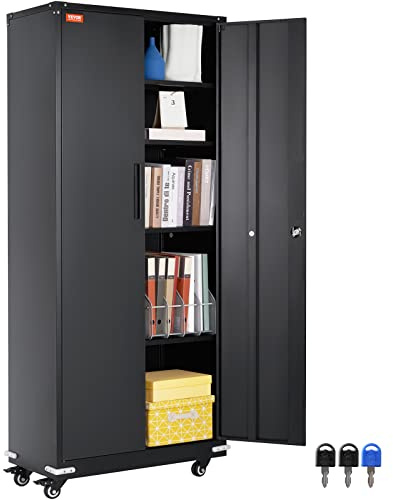 VEVOR Armoire Bureau sur Roulettes, Meuble de Rangement Verrouillable en Acier avec Étagères Réglables et 2 Portes Magnétiques Hauteur 188,5 cm Charge 90 kg par Étagère, pour Bureau Maison Garage Noir