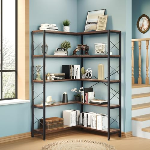 Wildhome étagère Dangle à 5 étagères,Meuble de Coin Meuble Dangle Meuble de Coin,Grande étagère avec Cadre en métal et Armoire d'angle de Rangement Ouverte (Marron rétro, 5 étagères)