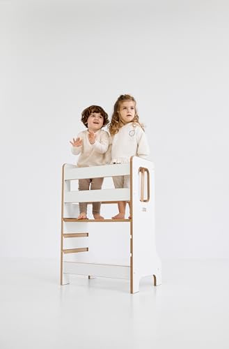 Torre de aprendizaje doble delgada de madera, ayudante de aprendizaje Montessori para hermanos, silla de descubrimiento para dos niños