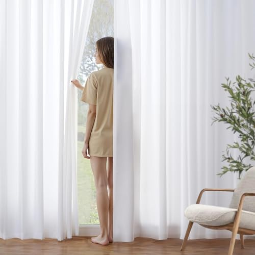 MIULEE White Privacy Sheer Curtains That Let Light in 84 Inches Long Non-See-Through Semi Sheer Curtains Light Filtering Window Curtains Drapes for Living Room Bedroom 2 Panels Set