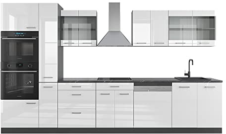 Vicco Küchenzeile R-Line, Weiß Hochglanz/Anthrazit, 350 cm mit Hochschrank, zur flexiblen Erweiterung durch zusätzliche Module geeignet