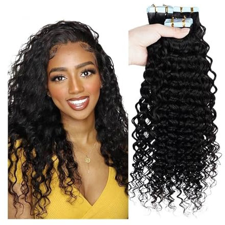 rallonges de ruban Extensions de cheveux naturels Remy noirs bouclés à trame profonde bouclée à bande adhésive, cheveux humains en trame, cheveux ondulés bouclés de 14 à 24 pouces Extensions de cheveu
