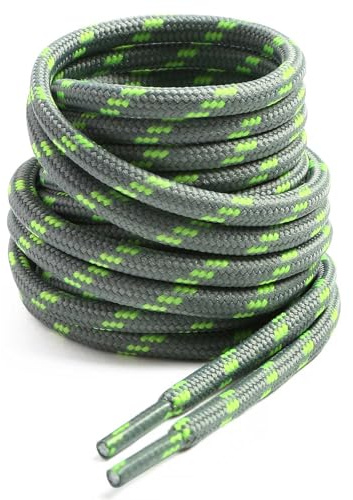 VSUDO 120 cm Lacci per Scarpe Grigi da Trekking, Lacci Resistenti per Stivali da Lavoro, Stringhe Solidi per Stivali da Escursionismo (1 Paio-Grigio con Punto Verde Neon-120cm)