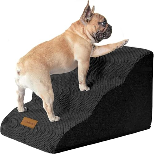 Hundtrappa, tre steg, 30 cm hög, högdensitetsskum, tvättbart överdrag och halkfri botten, 32 x 60 x 30 cm | Hundtrappa av skum med hög densitet, halkfri ramp med tvättbart överdrag, böjd form
