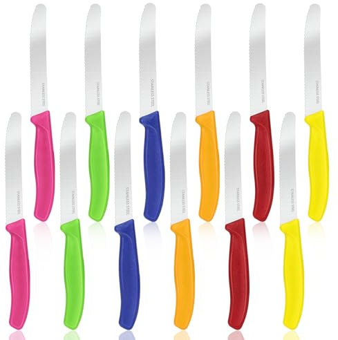 Sprifityy 12 pezzi Coltelli da Bistecca, Coltelli Bistecca con Bordo Seghettato, Coltelli da Carne Taglio Efficace Ergonomico, Coltelli da Tavola per La Casa e Il Ristorante, Lavabile In Lav（Colorato）
