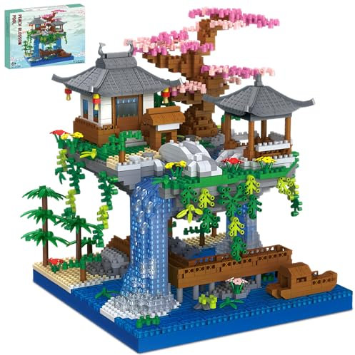 LQPFBSM Cherry Blossom Treehouse Micro Mini Building Block Sets Japanese Bonsai Tree Peach Blossom Pool Architecture Building Model Toy Gift for Adults 2500 Pieces