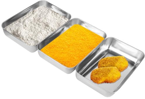 elthmpr Juego de 3 cuencos para empanar de acero inoxidable, 25 x 20 x 5 cm, rectangular, para empanar, calle de empanado, acero inoxidable, bandeja rectangular para carne, pescado y verduras