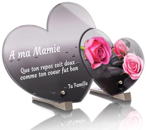 Plaque Funéraire Double Coeur Personnalisée - Galets - Plaque funéraire Altuglass avec Textes Personnalisables, Photo - Résistante aux Intempéries et Traitée Anti UV (21x12,2 cm (Petit))