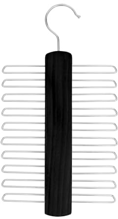 Tie Hanger for Wardrobe | Wooden Tie Organiser for Men with 20 Non-Slip Chrome Bars | Stylish Tie Rack Holder with 360° Swivel Hook for Sophisticated Tie Storage (Black)