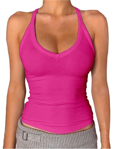 Débardeur de sport pour femme - T-shirt de sport serré - T-shirt sans manches - Haut de sport - Débardeur élastique - Dos nageur - Crop Top - Vêtement de bodybuilding, rose, L