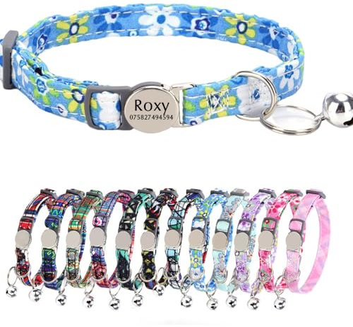 Böhmisches Katzenhalsband mit Schnellverschluss, personalisiertes Namensschild, verstellbare Länge, Glocken und Sicherheitsschnalle, Kätzchen, 19–30 cm