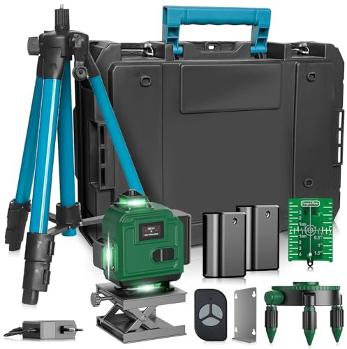 4 x 360 ° Nivel Laser Autonivelante con Trípode, 16 lineas Niveles Laser Profesionales 360 Grados con 2 Baterías, Pantalla LED, Auto-Nivelante Laser Nivel Ideal para Azulejos y Paredes