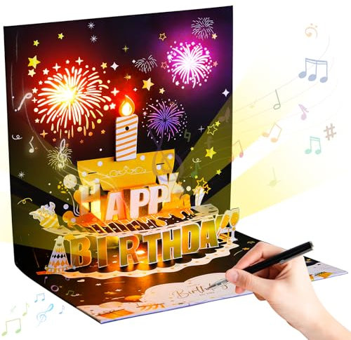 Hofeny Geburtstagskarte mit Musik und Licht, Pop Up tischkarten gutschein geburtstag glückwunschkarte mit ausblasbaren Kerze, 3D Feuerwerk singende musikkarte geburtstagsgutschein Geburtstagsgeschenk