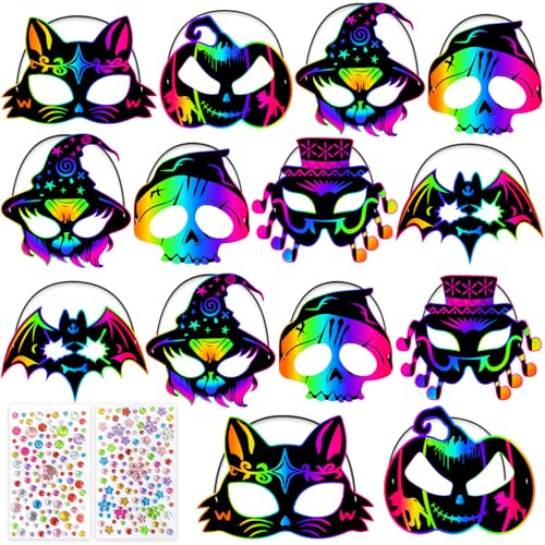 Zenoble 36 PCS Halloween Crafts Scratch Masks for Kids Halloween Games Scratch Art and Craft Kit DIY Rainbow Magic Scratch Paper Mask for Cosplay Decoration Party Favors Supplies Classroom Activities