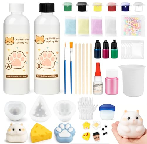 1DFAUL Kit de fabrication Squishy silicone liquide, 17.6oz Gel squishy créez vos propres squishies, sans bulles et séchage rapide, avec moules pour hamster, patte chat, fromage, anti-stress amusant