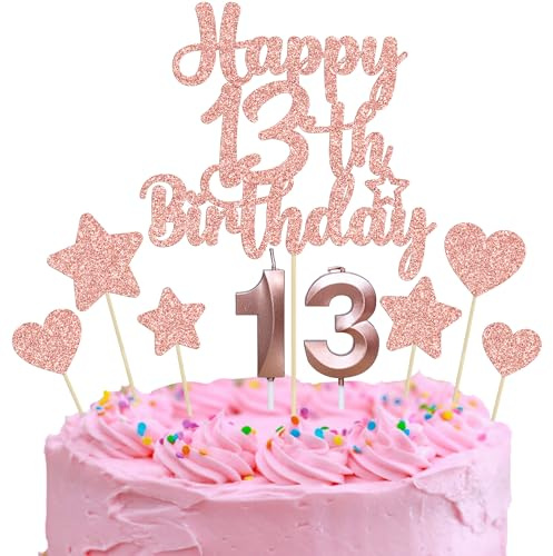 Gyufise 15Pcs Happy 13th Birthday Cake Topper Set with Heart Star Glitter Cheers to 13 Years Cake Picks Number 13 Candles Cake Decorations for Happy 13th Birthday Anniversary Party Supplies Rose Gold