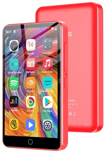 Lettore MP3 da 80 GB con Bluetooth e WiFi, lettore MP3 con touchscreen da 4,0 per bambini Altoparlante integrato, lettore MP4 con Spotify, Audible, Amazon Music, Deezer, Pandora, fino a 1TB (Rosso)