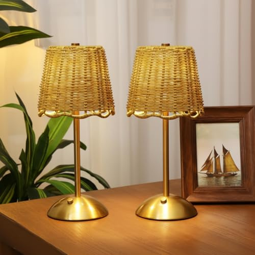 Pickmesh 2 Pack Rattan Table Lamp, Cordless LED Boho Wicker Desk Lamp