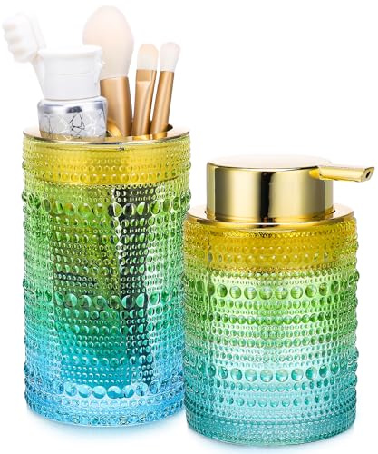Bathroom Accessories Set, 2 Pcs Gradient Color Glass Bathroom Accessory Sets with Toothbrush Holder, Hand Foaming Soap Dispenser, Bathroom Tumbler and Mouthwash Cup, Modern Bathroom Decor