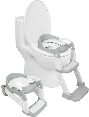 Harbour Housewares Adjustable 2-in-1 Potty Training Toilet Seat - White - 1x Toddler Kids Baby Child Foldable Bathroom Step Ladder Loo Trainer Stool with Handles, Soft Padded Chair