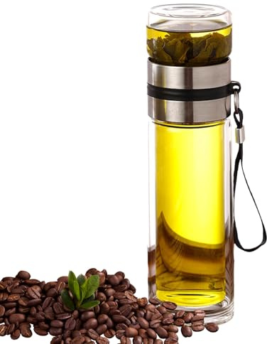 Genérico Botella infusora de té de vidrio de doble pared - Vidrio | Botellas de agua de borosilicato con colador y tapa, vaso de viaje, bebida de hojas sueltas | Cerveza fría/caliente