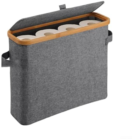 Panier à papier toilette avec couvercle pour 12 rouleaux, structure pliable avec poignée de transport et vue latérale pour le suivi de l'approvisionnement (gris)