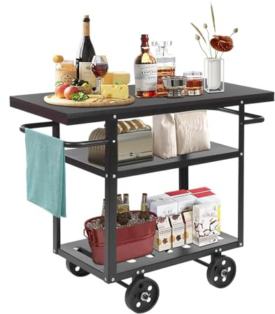 Mqwdxzfes Mobil serveringsvagn med hjul, köksvagn med bänkskiva, 3 nivåer vintage, industriell rullbar barvagn med 4 hjul och handtag, sidobord, rullvagn (svart)