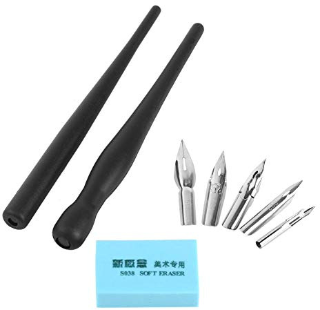 Juego de caligrafía para manga y dibujo con 5 puntas intercambiables, 2 portaplumas y borrador - Kit de plumillas de acero para lettering y tinta china