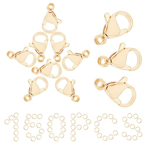 SUNNYCLUE 1 boîte 150 pièces Plaqué Or 18K 12 mm Fermoir à Homard Anneaux de Saut 50 Fermoir à Pince de Homard en Acier Inoxydable avec 100 Anneaux de Saut Résultats de Bijoux Hypoallergéniques