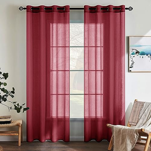 EMEMA 2er Set Sheer Voile Vorhang mit Ösen Transparente Gardine aus Voile Polyester Ösenschal Transparent Wohnzimmer Luftig Dekoschal für Schlafzimmer 140 X 245 cm (B x H) Rot