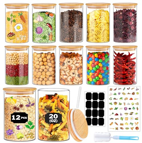 BGraceyy Glass Jars with Bamboo Lids 20 oz, 12 Pcs Stackable Kitchen Glass Pantry Storage Containers with Airtight Bamboo Lids for Rice, Candy, Sugar, Flour, Nuts, Cookie, Bean