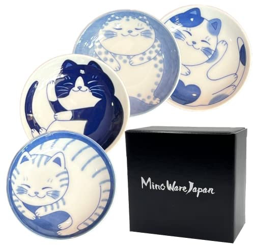 MINO WARE JAPAN Nekochigura Japanisches kleines Teller-Set, Keramik, niedliches Katzen-Design, für Vorspeisen, Dessert, Sushi, Sojasauce, 9,5 x 2,2 cm, 4 Stück