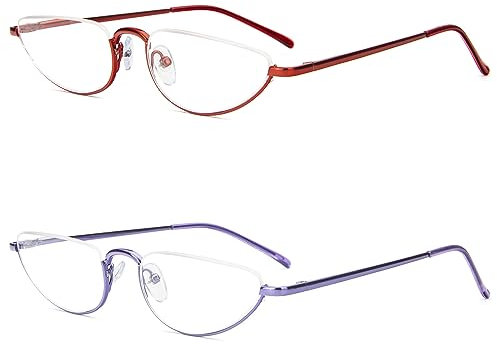 KoKoBin 2 Pack Reading Glasses Unisex Half Moon Half Frame Metal Spring Hinge Slim Reader (Purple Red, 1.5, Dioptres)