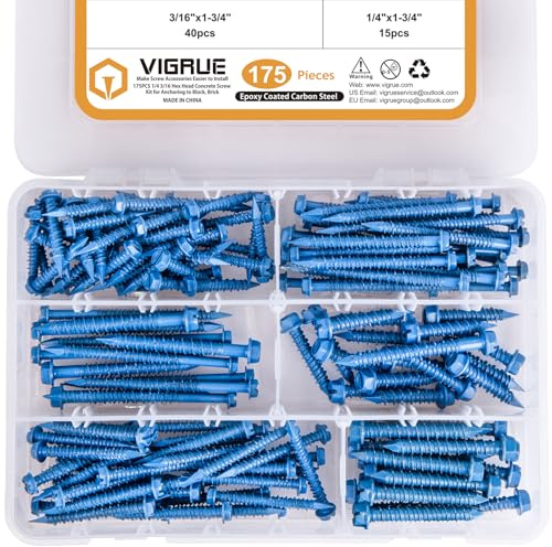 VIGRUE 175PCS Concrete Screws Assortment Kit 1/4 x 1-1/4 to 2-1/4 and 3/16 x 1-1/4 to 2-3/4 175PCS Hex Head Cement Screws Set Diamond Point for Anchoring to Masonry, Block or Brick
