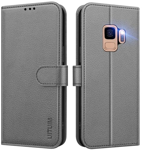 UITUIM Coque pour Samsung Galaxy S9 (Pas pour S9+), Coque Etui Portefeuille Cuir avec Rabat Porte Carte Clapet Magnétique Flip Case Étui Silicone Housse de Protection Etui pour Samsung Galaxy S9,Gris
