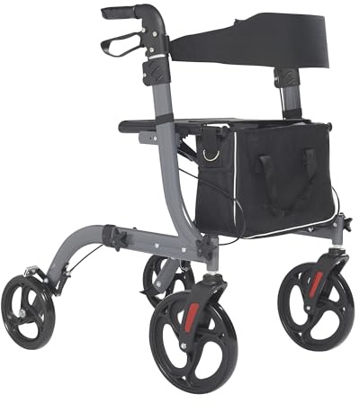 Panana Lightweight Folding Rollator, 4 Wheels Mobility Walker with Seat, Break, Adjustable Handle, Cane Holder & Storage Bag,Foldable Walking Aid (Grey Color)