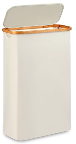 Merkisa Slim Laundry Hamper,Narrow laundry Hamper with Lid,60L Hamper for Laundry,Dirty Cloth Hamper with Bamboo Handle for Toys,Towels, Clothes Organizing,Beige