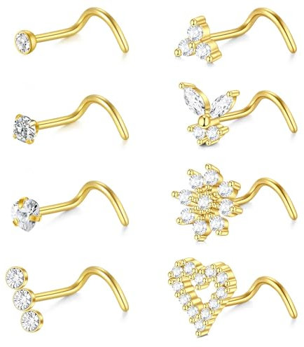 FECTAS 18g Gold Nasenstecker Ring Edelstahl Nasenstecker Diamant CZ Herz Schraube Nase Ringe für Frauen Korkenzieher Nase Nostril Piercing Schmuck 8pcs