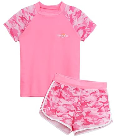 CHICTRY Kinder Mädchen Badeanzug Kurzarm Badeshirt Mit Schnelltrocknend Badeshorts 2tlg Schwimmkleidung Hawaii Motiv Strandkleidung Rosa 146-152